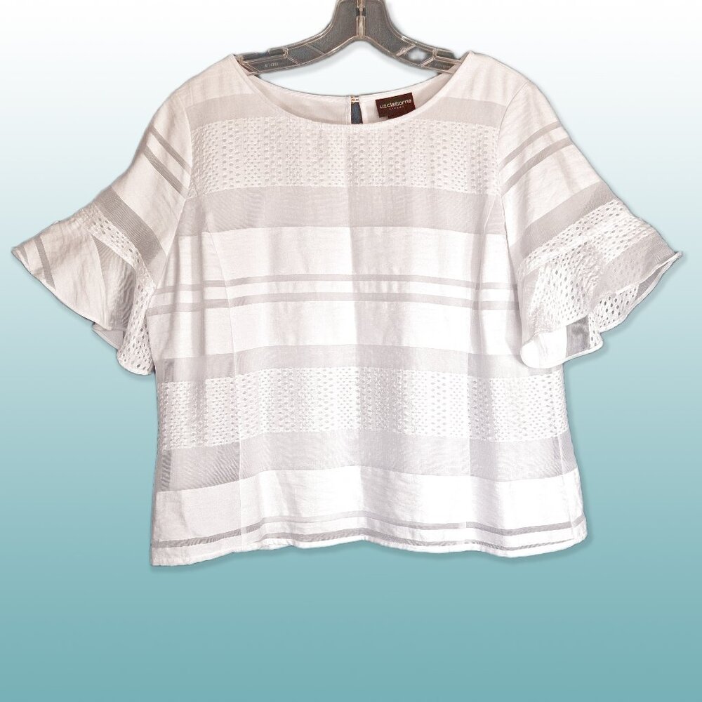 Liz Claiborne Career Blouse White Sheer Short Ruffle Sleeves Size L